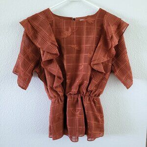 Emelia the Label Ruffle Blouse Size Medium | Rust Color, Neutral Earth Tones